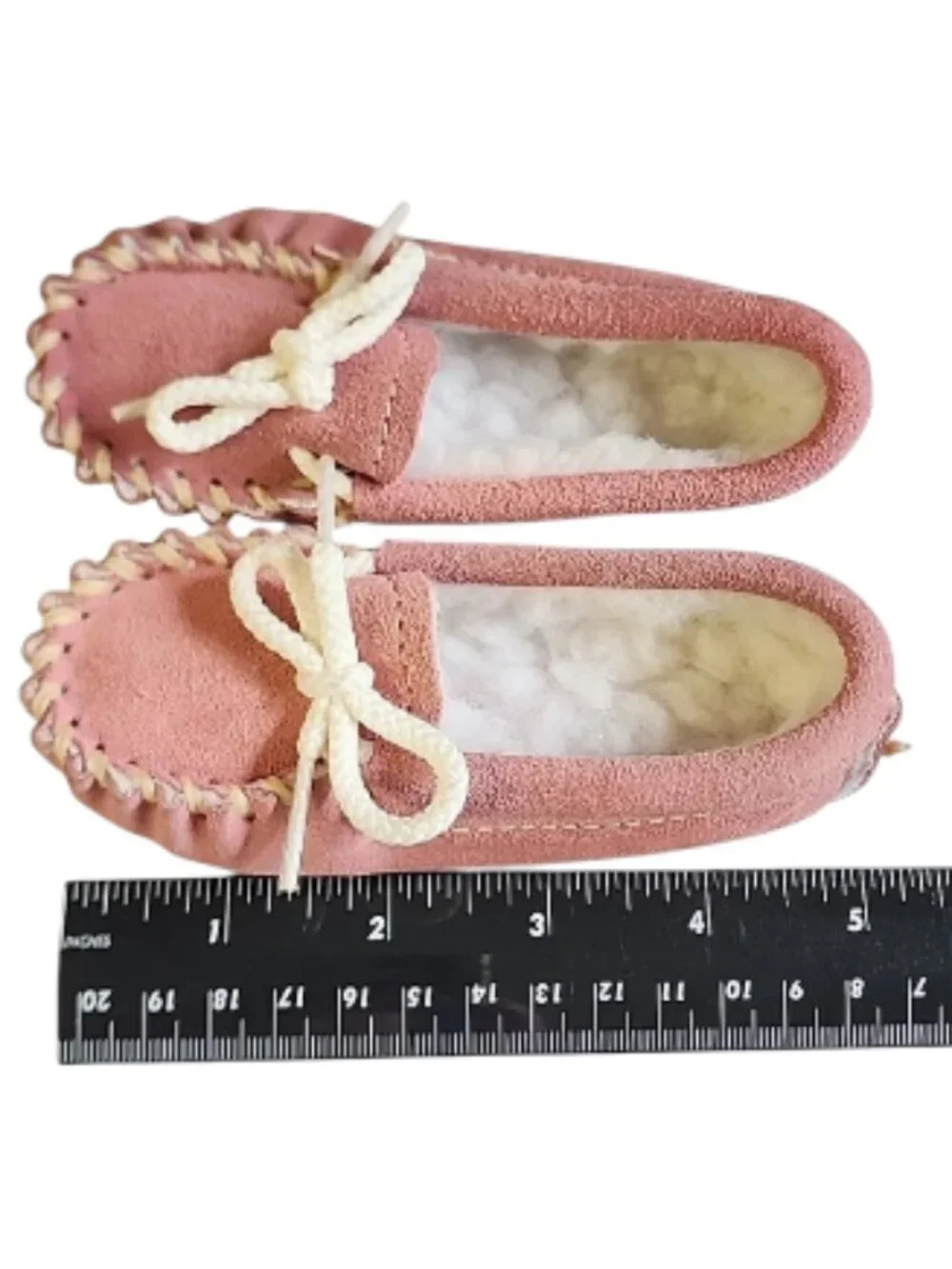 Pink suede baby moccasins, fleece lined, newborn sz 3